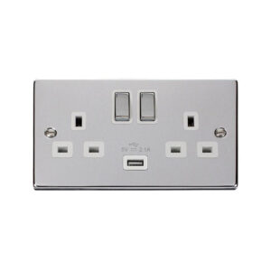 Click Deco Ingot Unpolished Chrome 13A Double Socket With USB, White Insert