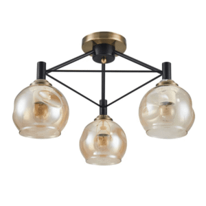 Amber 3 Lamp Dimpled Bell Glass Black Metal Semi Flush Ceiling Light - 60W