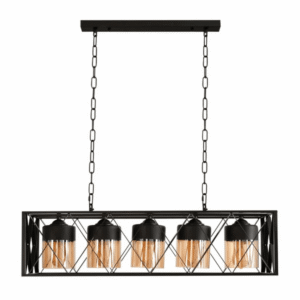 Black Caged Metal Amber Cylinder Glass Island 5xE27 Chandelier Ceiling Light