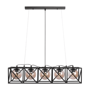 Black Cuboid Metal Amber Globe Glass Island 5xE27 Chandelier Ceiling Light