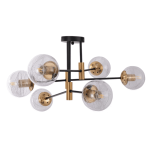 Clear 6 Lamp Glass Globe Gold and Black Metal Semi Flush Ceiling Light - 40W