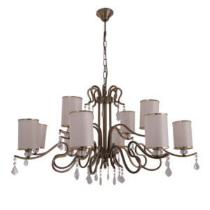 Cream Shade Antique Brass Metal Arm Ceiling E14 Chandelier Light with Pendeloque Crystals  - 12 Shades