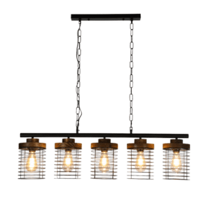 Industrial 5-Shade Cage Pendant Light with Wood Accents