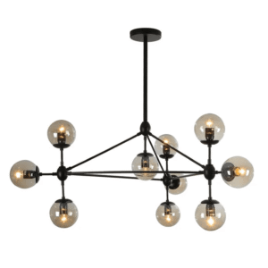 Molecule Shape Black Rod Metal Amber Glass Globe Chandelier Ceiling Light - 10 Globes