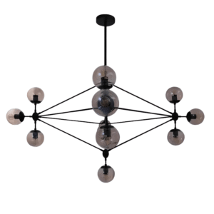 Molecule Shape Black Rod Metal Amber Glass Globe Chandelier Ceiling Light - 15 Globes