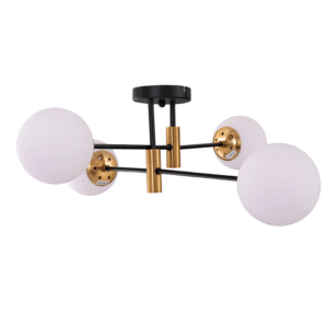 Opal 4 Lamp Glass Globe Gold and Black Metal Semi Flush Ceiling Light - 40W