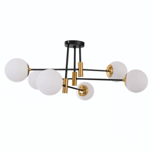 Opal 6 Lamp Glass Globe Gold and Black Metal Semi Flush Ceiling Light - 40W