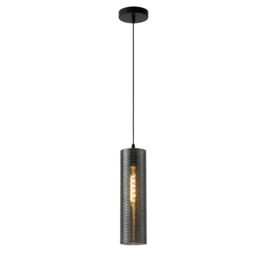 Silver Reeded Cylinder Glass E27 Pendant Light Fitting