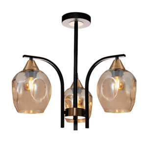 Snowdrop 3 Lamp Amber Glass Black Body Semi Flush E27 Ceiling Light