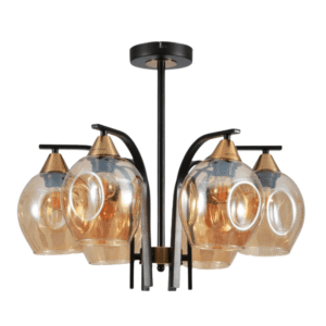 Snowdrop 6 Lamp Amber Glass Black Body Semi Flush E27 Ceiling Light